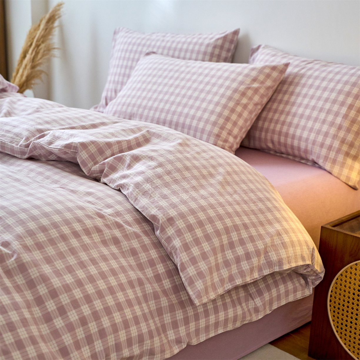 91家纺网 家纺一手货源 找家纺 兰紫橙家纺 2026新款全棉纯棉水洗棉四件套方格朵拉 方格-奶油紫