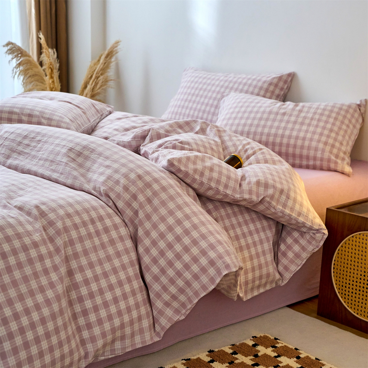 91家纺网 家纺一手货源 找家纺 兰紫橙家纺 2026新款全棉纯棉水洗棉四件套方格朵拉 方格-奶油紫