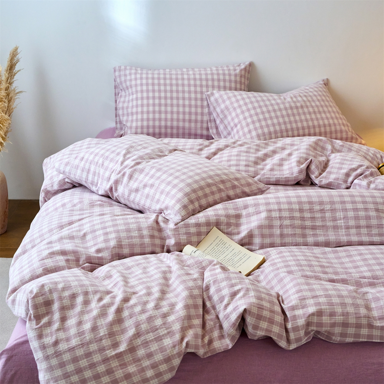 91家纺网 家纺一手货源 找家纺 兰紫橙家纺 2026新款全棉纯棉水洗棉四件套方格朵拉 方格-奶油紫