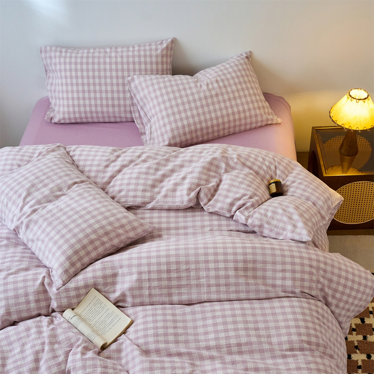91家纺网 家纺一手货源 找家纺 兰紫橙家纺 2026新款全棉纯棉水洗棉四件套方格朵拉 方格-奶油紫