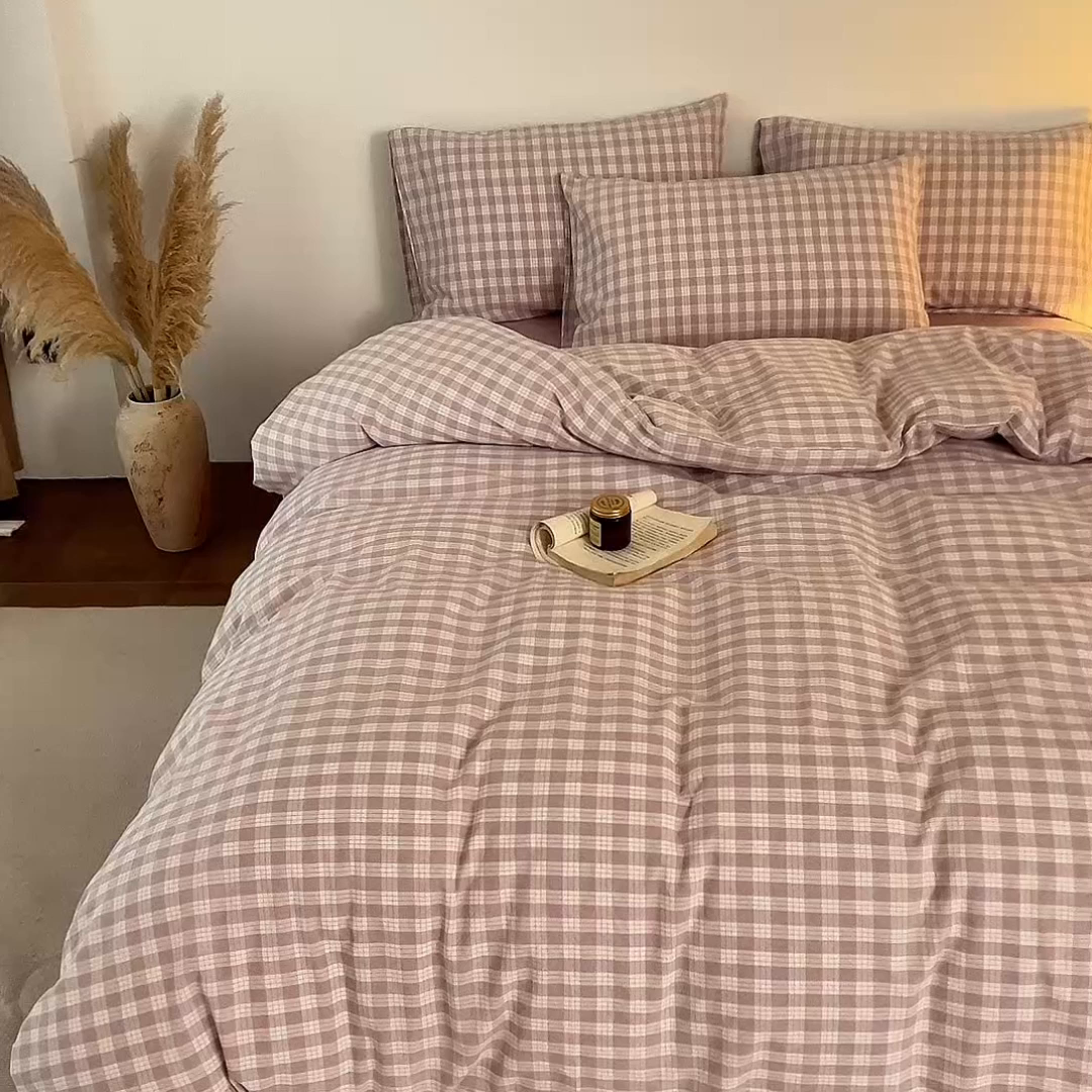 91家纺网 家纺一手货源 找家纺 兰紫橙家纺 2026新款全棉纯棉水洗棉四件套方格朵拉 方格-奶油紫