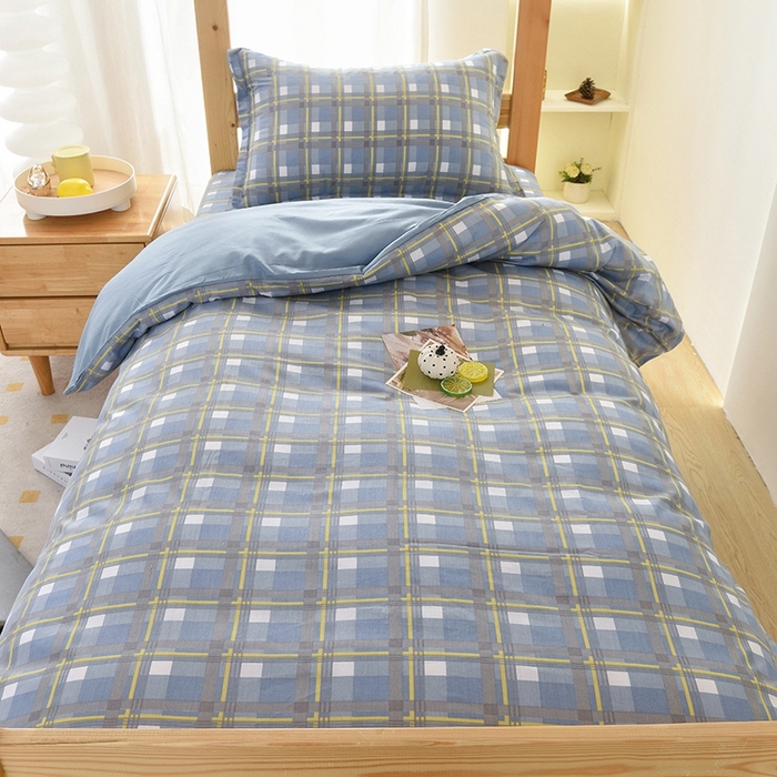 91家纺网 家纺一手货源 找家纺 朵希曼 2026新款印花全棉13372学生三件套系列 简格-蓝