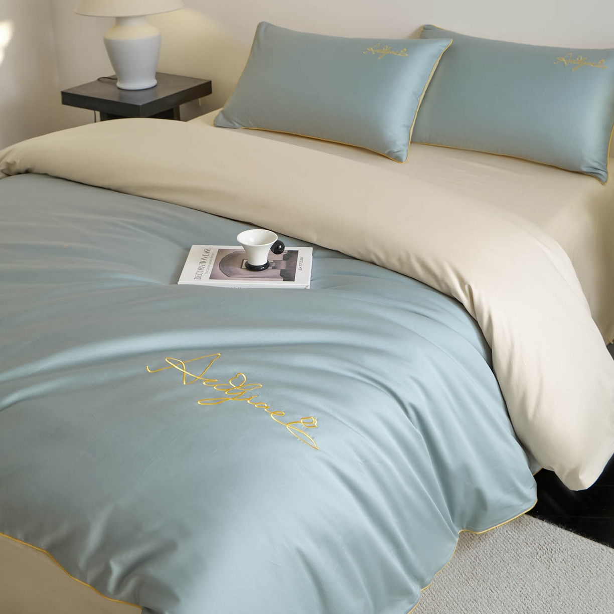 91家纺网 家纺一手货源 找家纺 涵宸家纺 2026新款全棉工艺款简奢刺绣四件套-千叶 千叶-绿