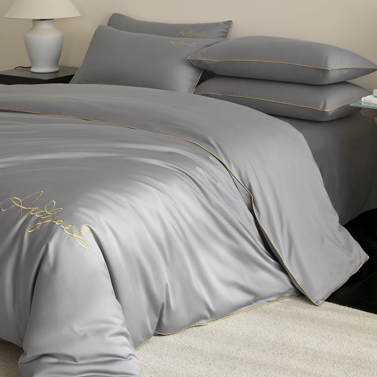 91家纺网 家纺一手货源 找家纺 涵宸家纺 2026新款全棉工艺款简奢刺绣四件套-千叶 千叶-山灰