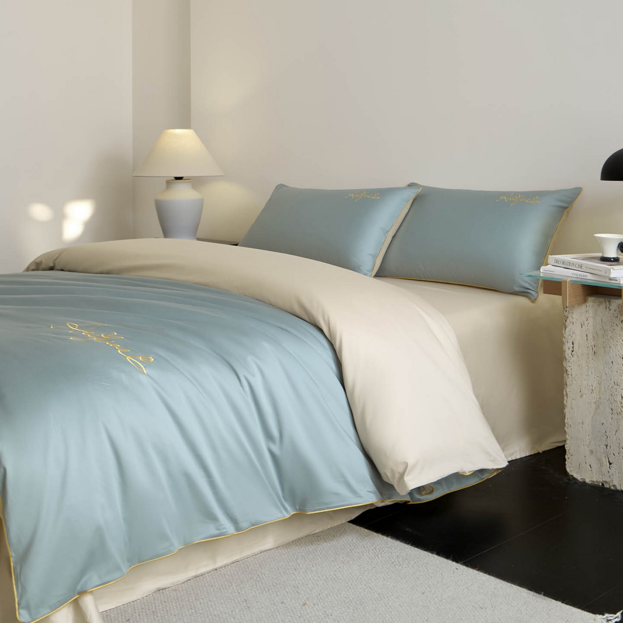 91家纺网 家纺一手货源 找家纺 涵宸家纺 2026新款全棉工艺款简奢刺绣四件套-千叶 千叶-绿