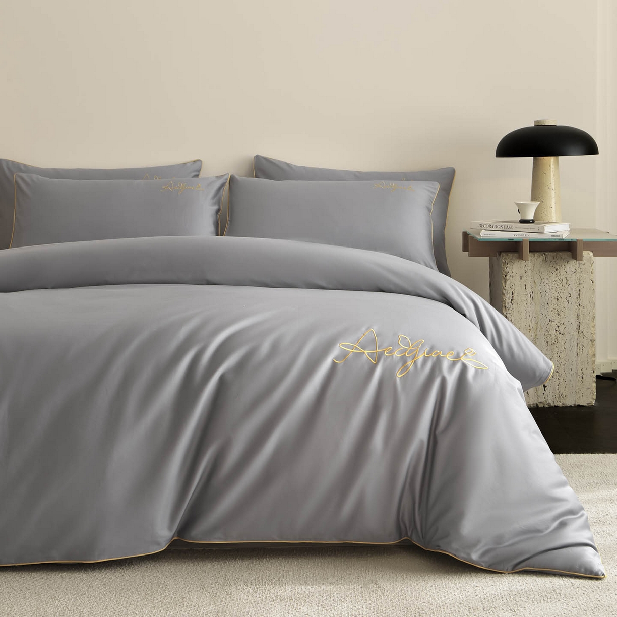 91家纺网 家纺一手货源 找家纺 涵宸家纺 2026新款全棉工艺款简奢刺绣四件套-千叶 千叶-山灰