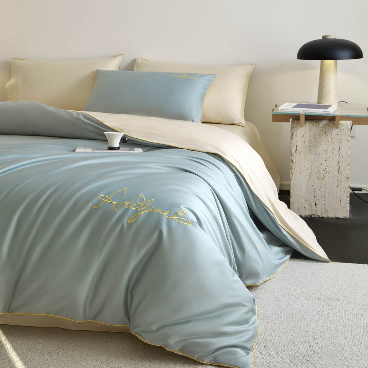 91家纺网 家纺一手货源 找家纺 涵宸家纺 2026新款全棉工艺款简奢刺绣四件套-千叶 千叶-绿