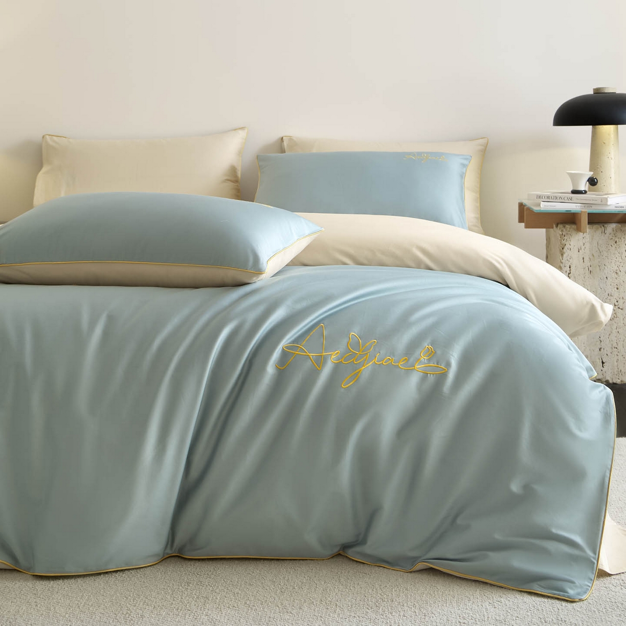 91家纺网 家纺一手货源 找家纺 涵宸家纺 2026新款全棉工艺款简奢刺绣四件套-千叶 千叶-绿