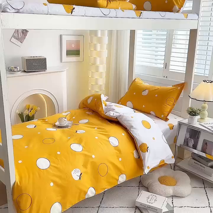 91家纺网 家纺一手货源 找家纺 朵希曼 2026新款印花全棉13372学生三件套系列 圈点生活，橙