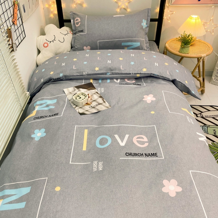 91家纺网 家纺一手货源 找家纺 朵希曼 2026新款印花全棉13372学生三件套系列 恬爱灰