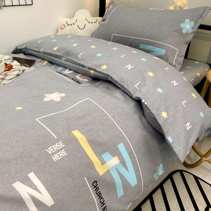 91家纺网 家纺一手货源 找家纺 朵希曼 2026新款印花全棉13372学生三件套系列 恬爱灰