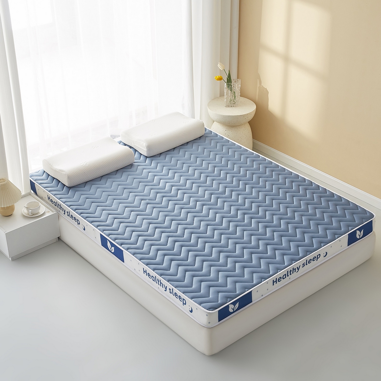 91家纺网 家纺一手货源 找家纺 月茶家纺 2026新款立体三色波浪乳胶海绵床垫 蓝色9cm