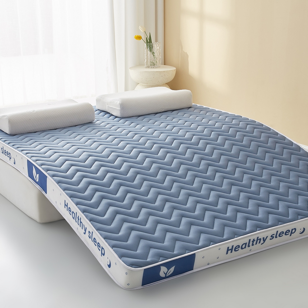 91家纺网 家纺一手货源 找家纺 月茶家纺 2026新款立体三色波浪乳胶海绵床垫 蓝色6cm