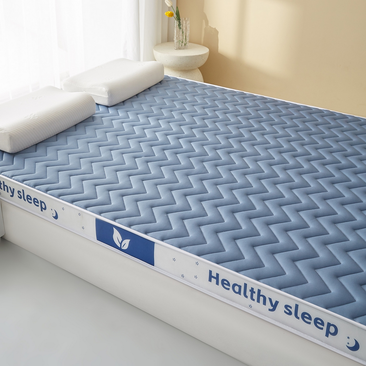 91家纺网 家纺一手货源 找家纺 月茶家纺 2026新款立体三色波浪乳胶海绵床垫 蓝色6cm