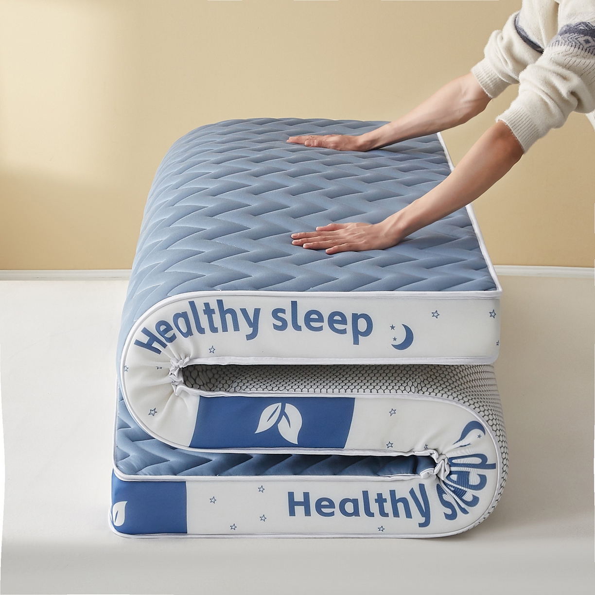 91家纺网 家纺一手货源 找家纺 月茶家纺 2026新款立体三色波浪乳胶海绵床垫 蓝色6cm