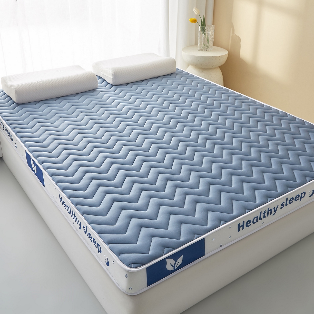 91家纺网 家纺一手货源 找家纺 月茶家纺 2026新款立体三色波浪乳胶海绵床垫 蓝色9cm