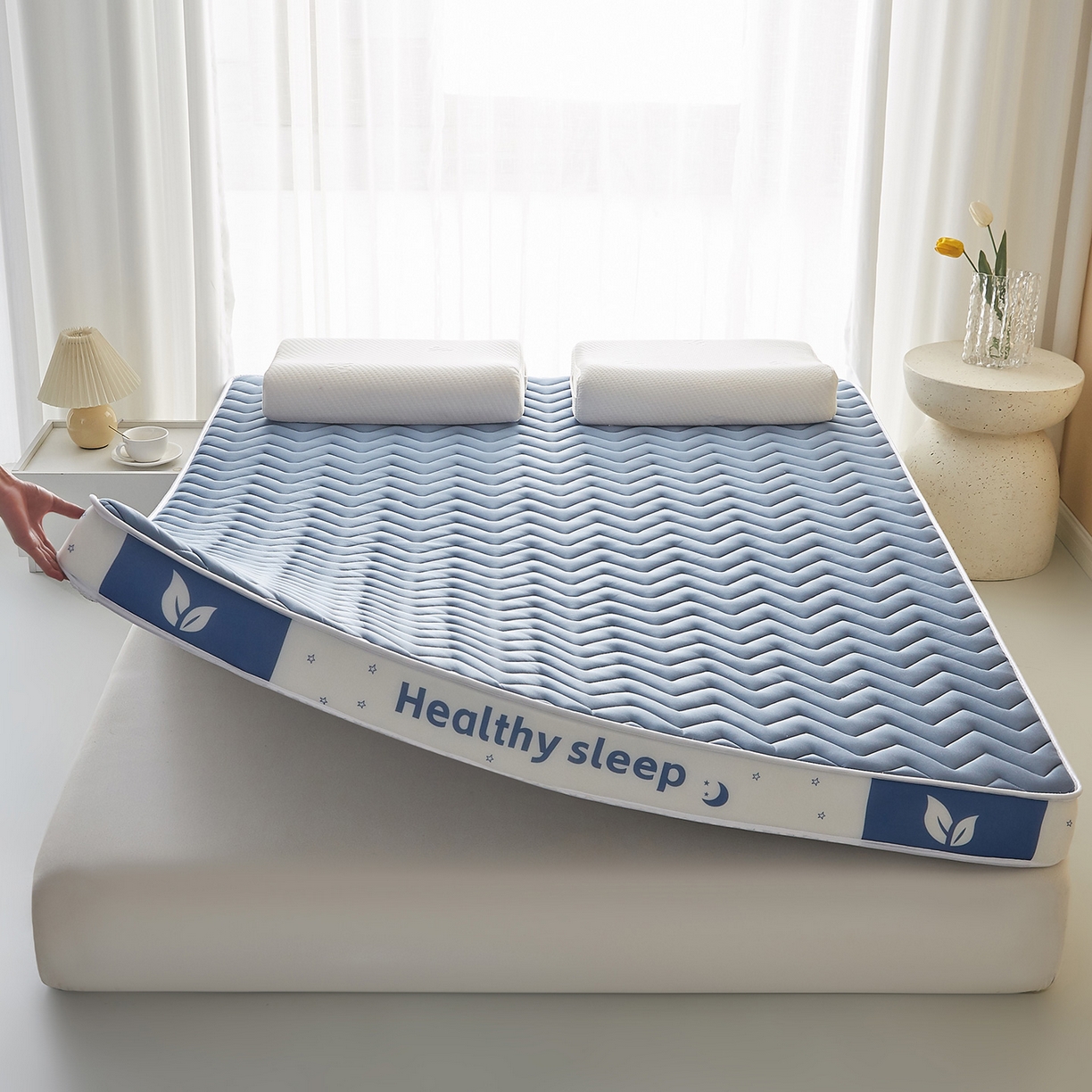 91家纺网 家纺一手货源 找家纺 月茶家纺 2026新款立体三色波浪乳胶海绵床垫 蓝色6cm