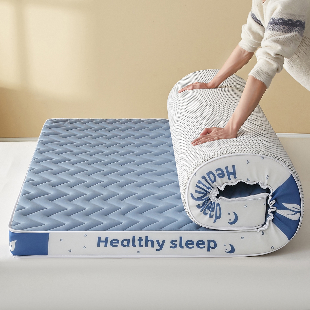 91家纺网 家纺一手货源 找家纺 月茶家纺 2026新款立体三色波浪乳胶海绵床垫 蓝色6cm