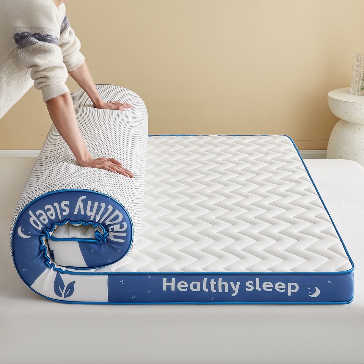 91家纺网 家纺一手货源 找家纺 月茶家纺 2026新款立体三色波浪乳胶海绵床垫 白色9cm