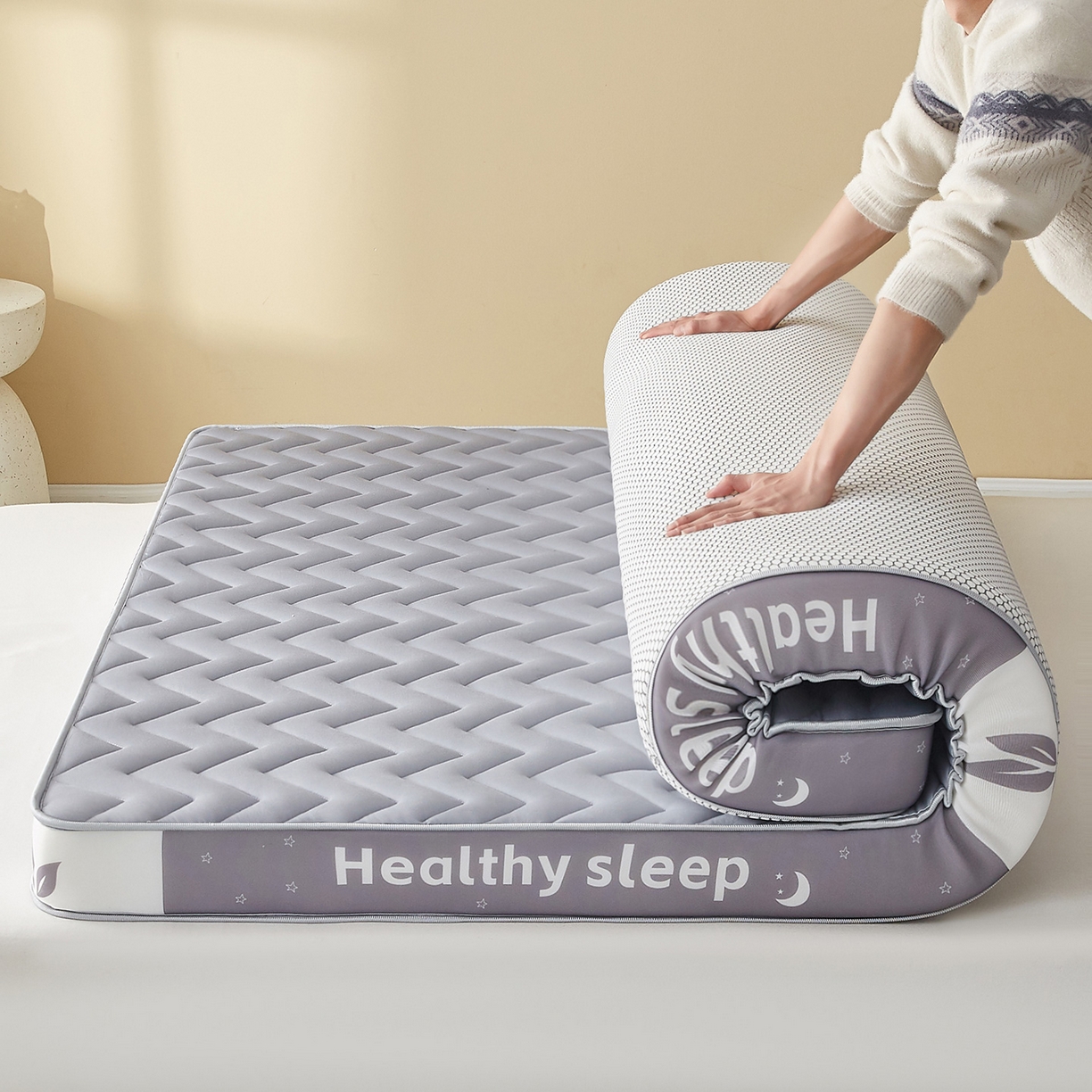 91家纺网 家纺一手货源 找家纺 月茶家纺 2026新款立体三色波浪乳胶海绵床垫 灰色6cm