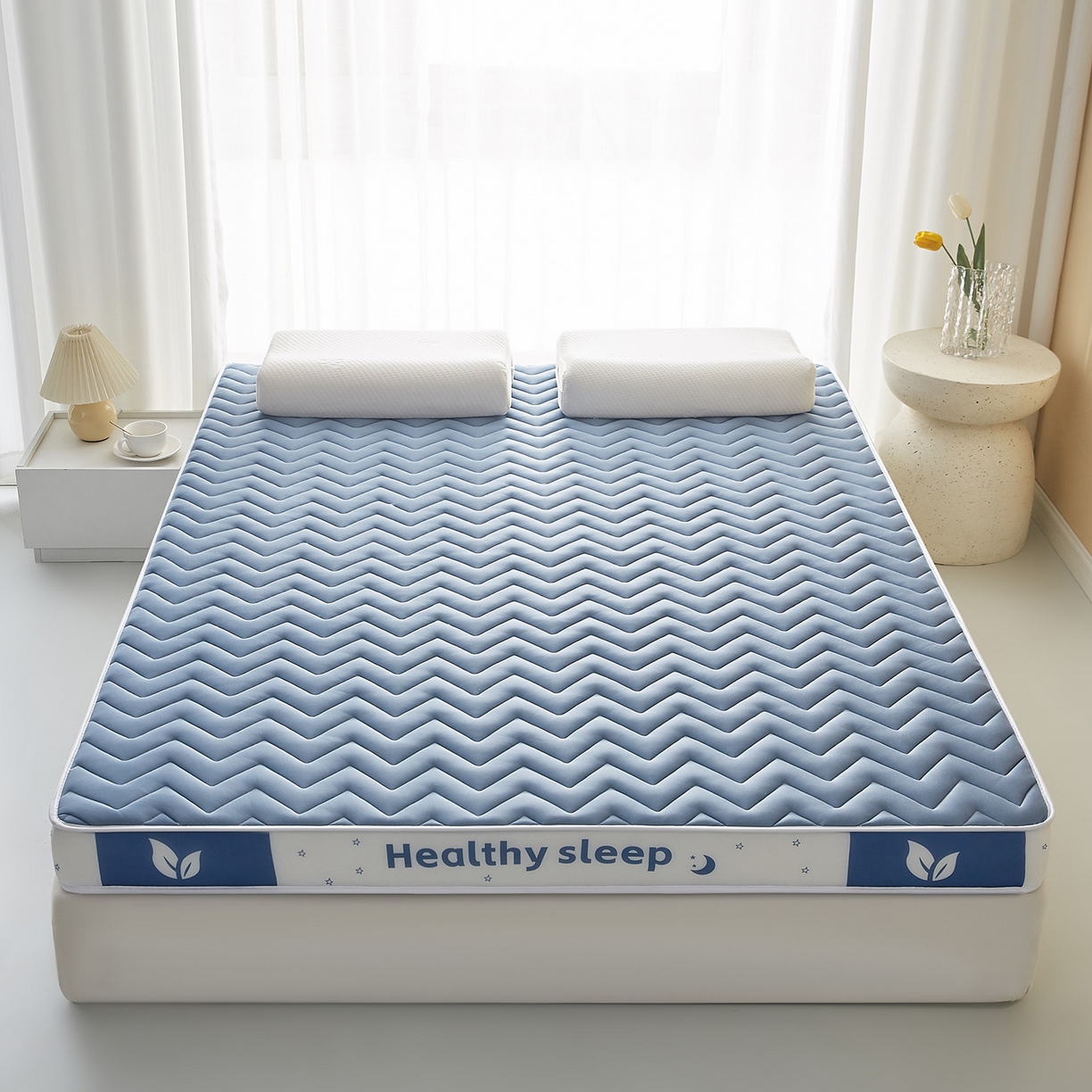 91家纺网 家纺一手货源 找家纺 月茶家纺 2026新款立体三色波浪乳胶海绵床垫 蓝色6cm