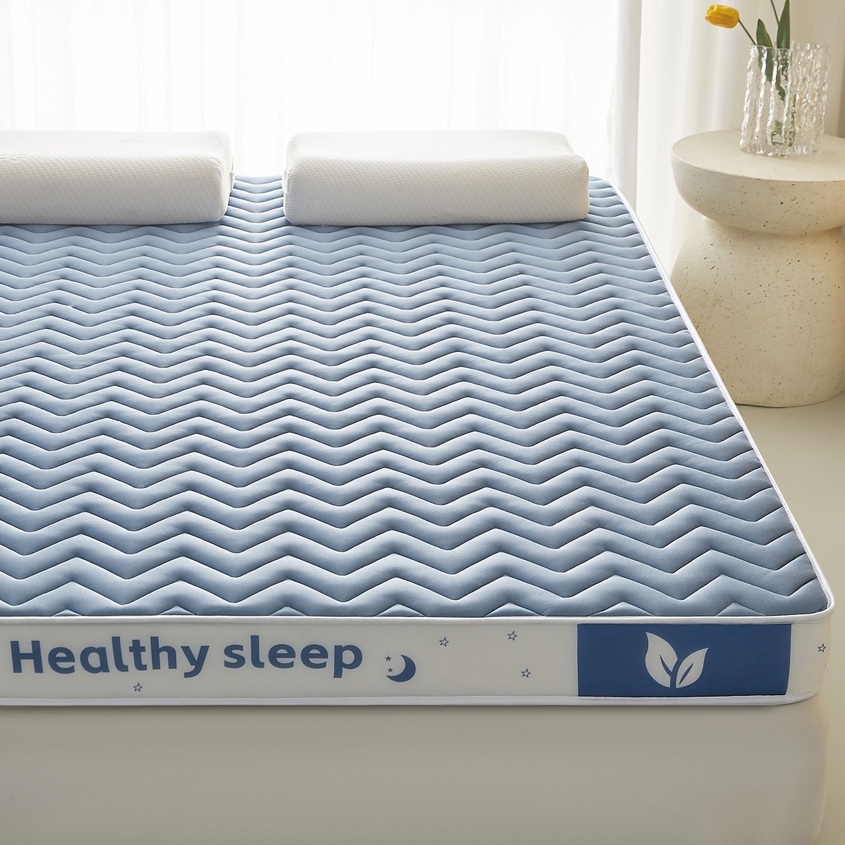 91家纺网 家纺一手货源 找家纺 月茶家纺 2026新款立体三色波浪乳胶海绵床垫 蓝色9cm