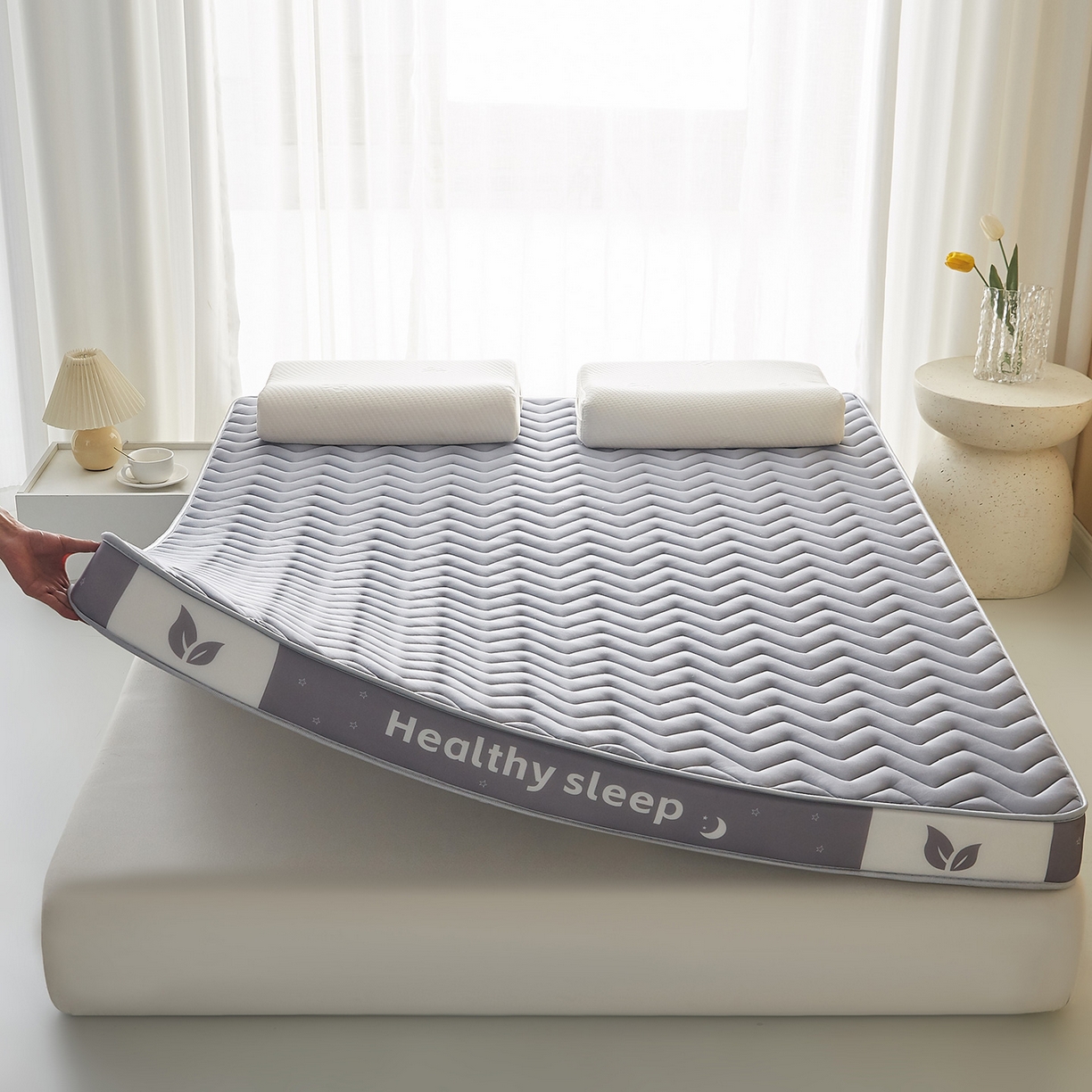 91家纺网 家纺一手货源 找家纺 月茶家纺 2026新款立体三色波浪乳胶海绵床垫 灰色6cm