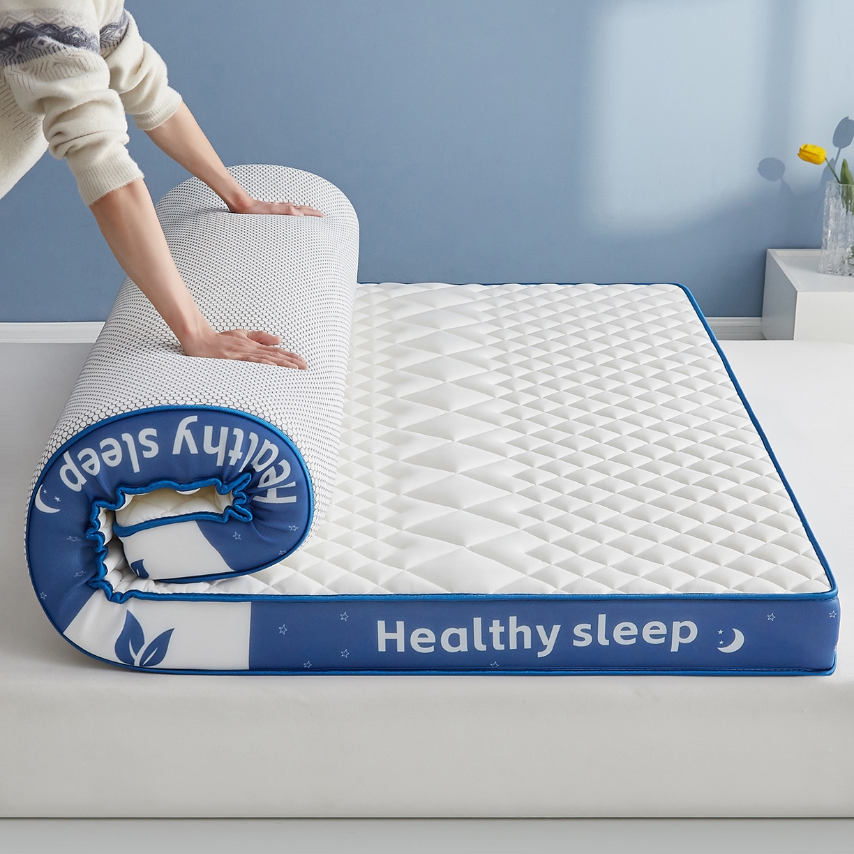 91家纺网 家纺一手货源 找家纺 月茶家纺 2026新款立体三色菱格乳胶海绵床垫 白色9cm