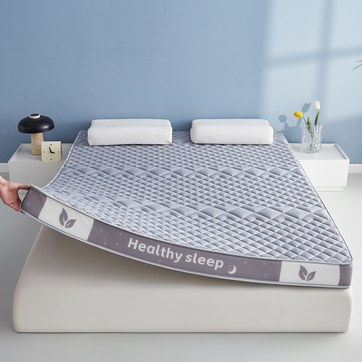 91家纺网 家纺一手货源 找家纺 月茶家纺 2026新款立体三色菱格乳胶海绵床垫 灰色6cm