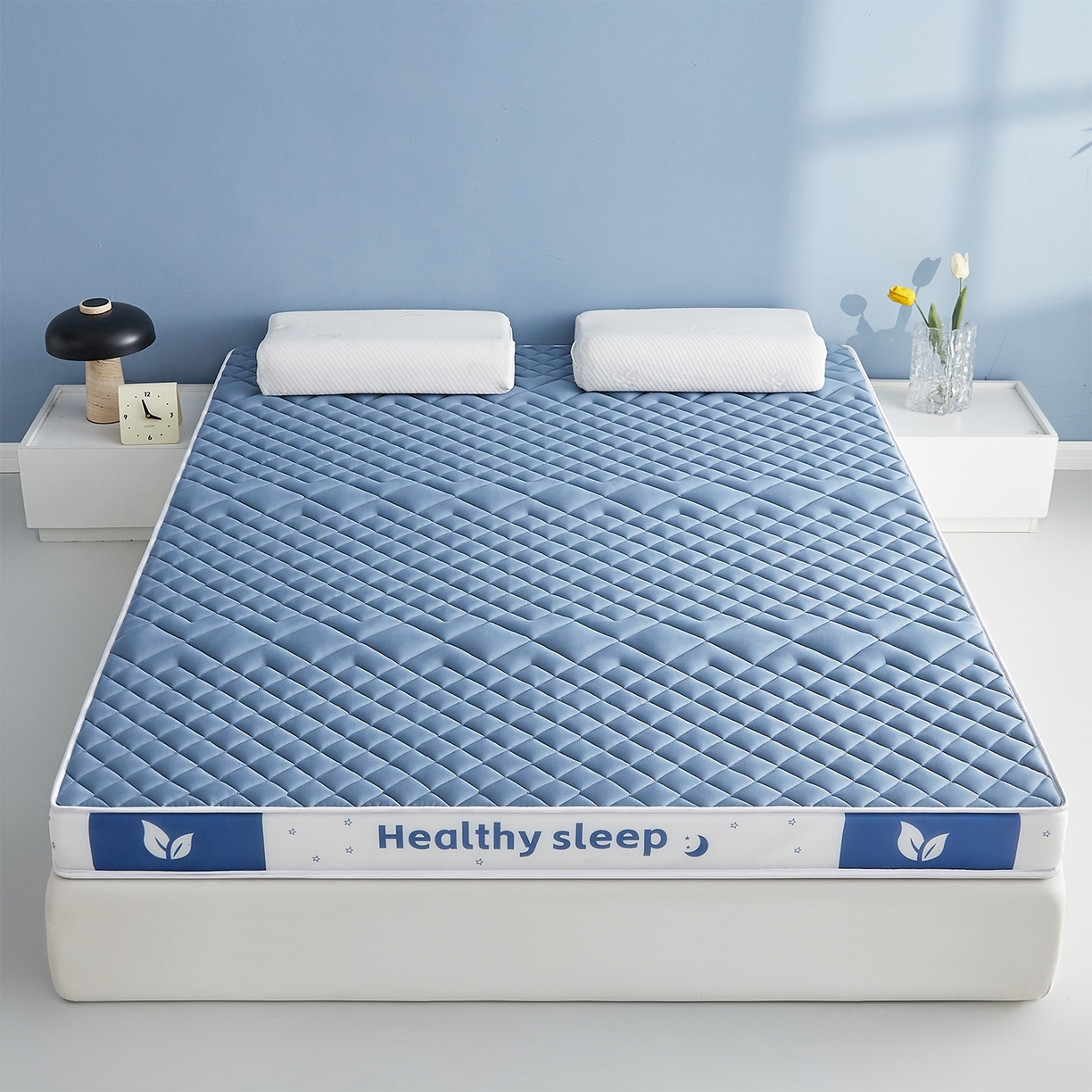 91家纺网 家纺一手货源 找家纺 月茶家纺 2026新款立体三色菱格乳胶海绵床垫 蓝色9cm