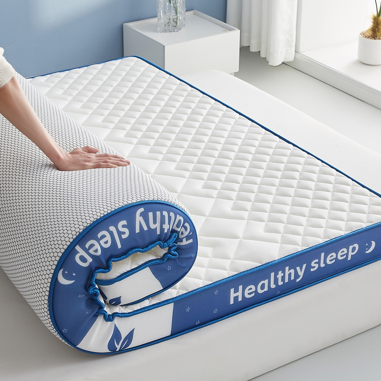 91家纺网 家纺一手货源 找家纺 月茶家纺 2026新款立体三色菱格乳胶海绵床垫 白色9cm