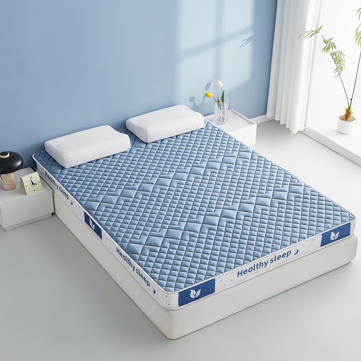 91家纺网 家纺一手货源 找家纺 月茶家纺 2026新款立体三色菱格乳胶海绵床垫 蓝色6cm