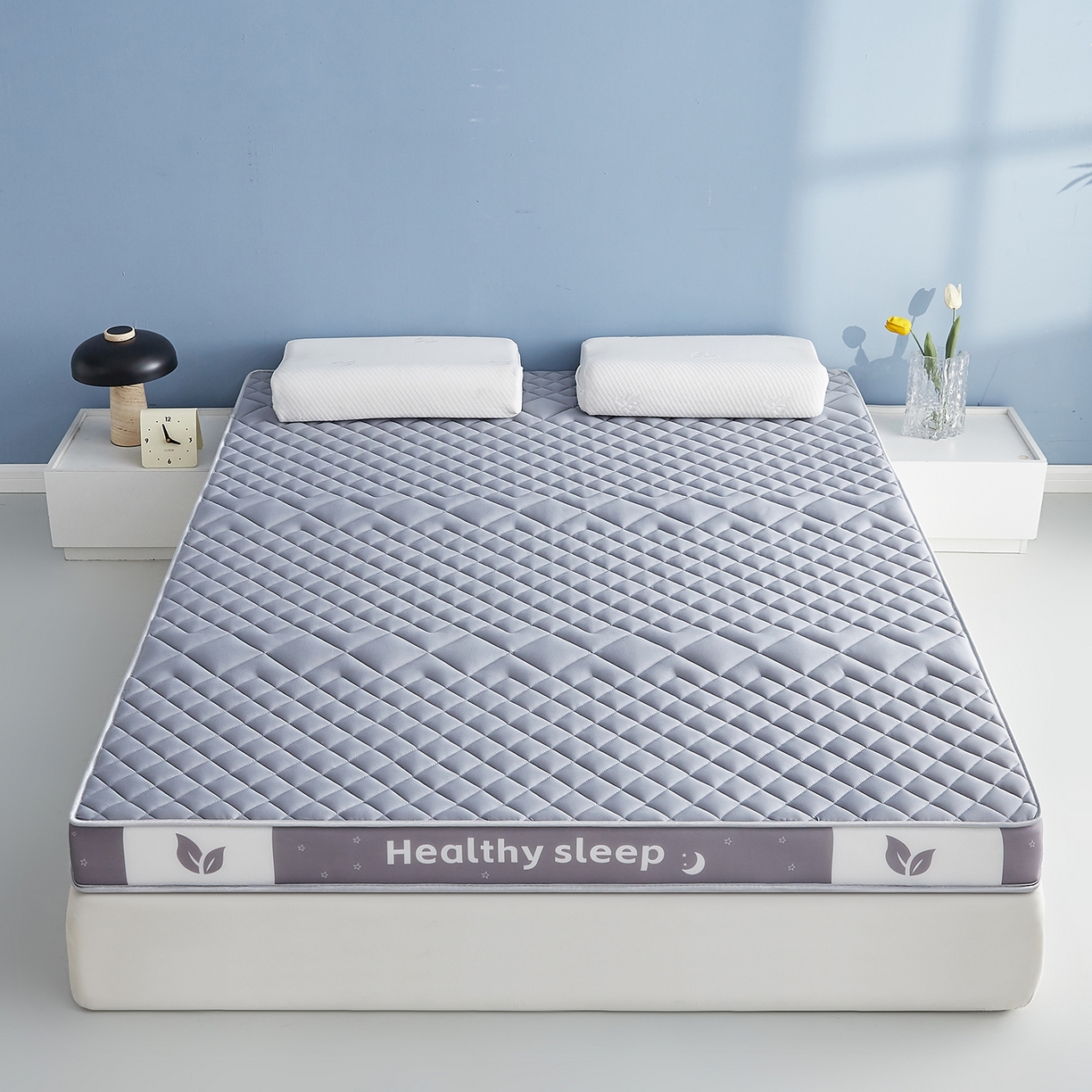 91家纺网 家纺一手货源 找家纺 月茶家纺 2026新款立体三色菱格乳胶海绵床垫 灰色9cm