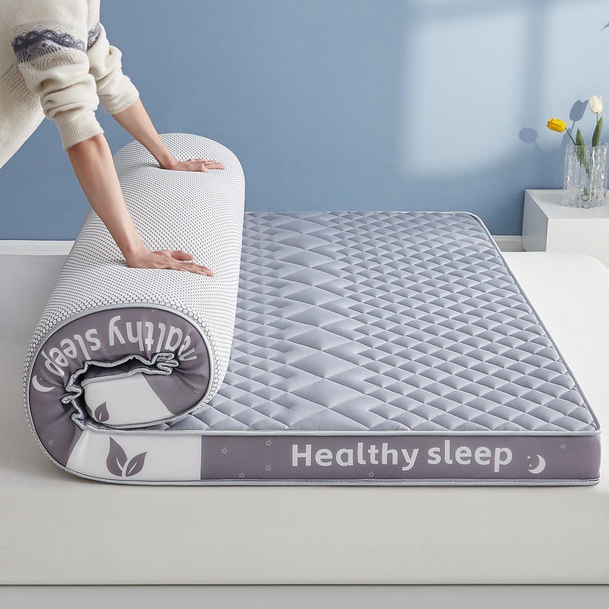 91家纺网 家纺一手货源 找家纺 月茶家纺 2026新款立体三色菱格乳胶海绵床垫 灰色9cm