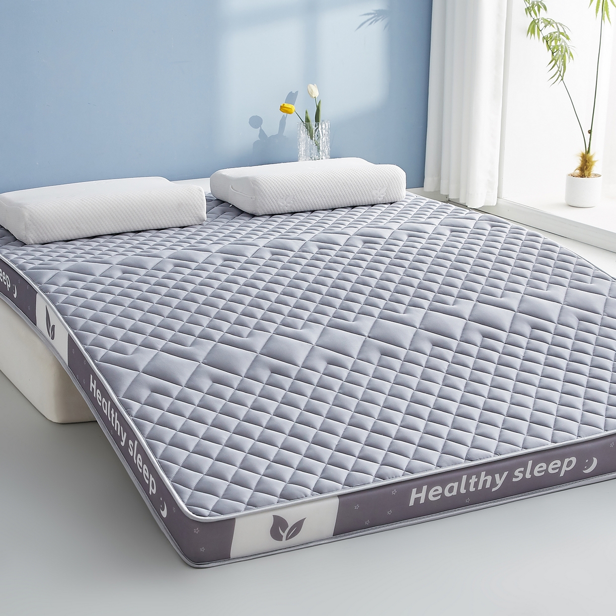 91家纺网 家纺一手货源 找家纺 月茶家纺 2026新款立体三色菱格乳胶海绵床垫 灰色9cm