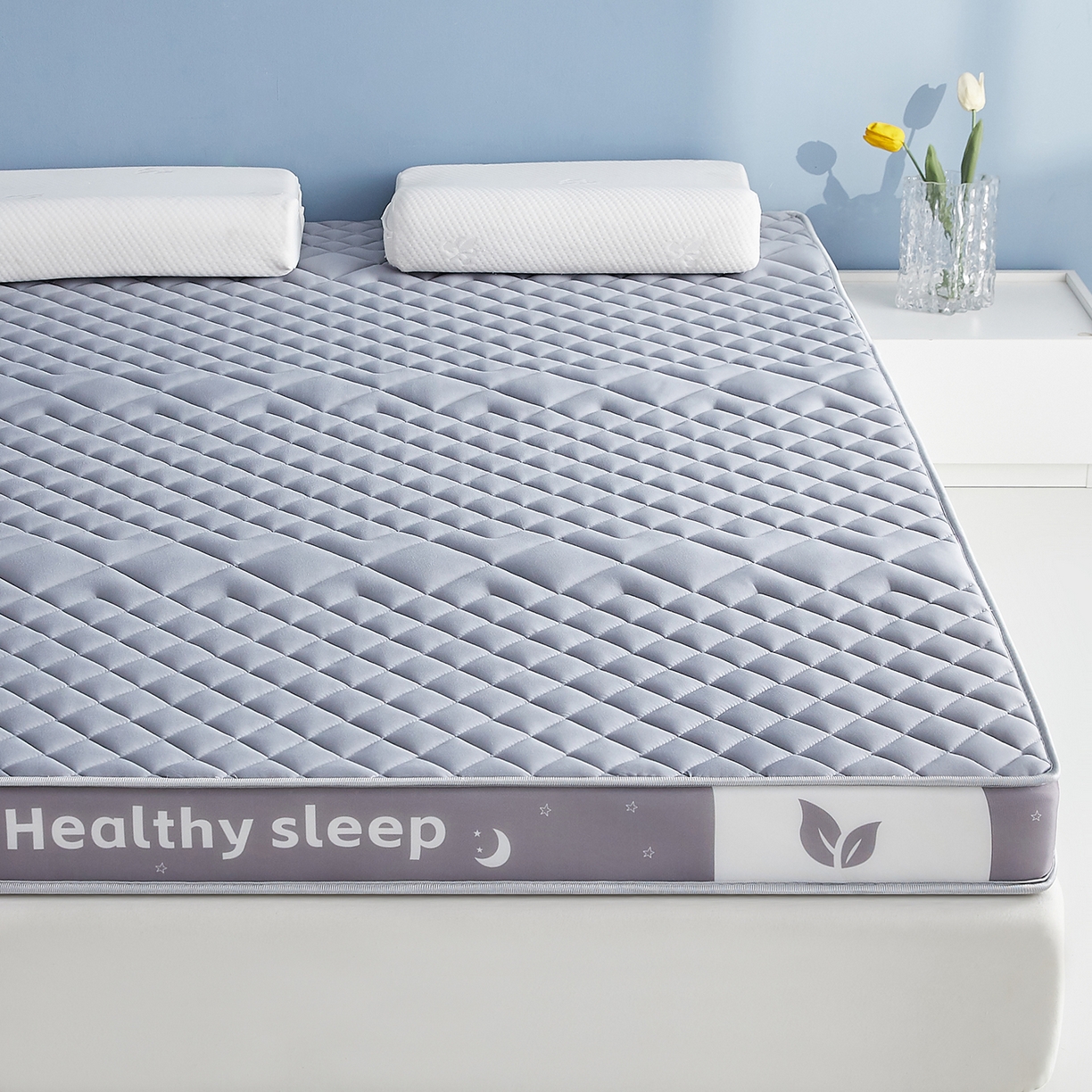 91家纺网 家纺一手货源 找家纺 月茶家纺 2026新款立体三色菱格乳胶海绵床垫 灰色6cm