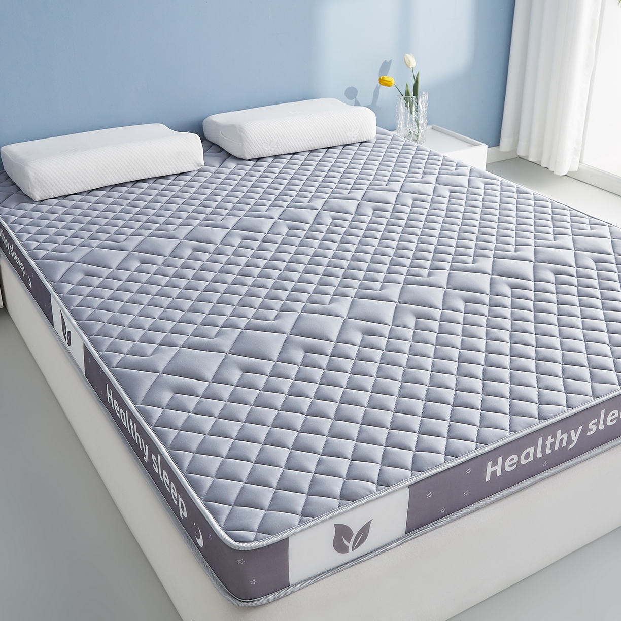 91家纺网 家纺一手货源 找家纺 月茶家纺 2026新款立体三色菱格乳胶海绵床垫 灰色9cm