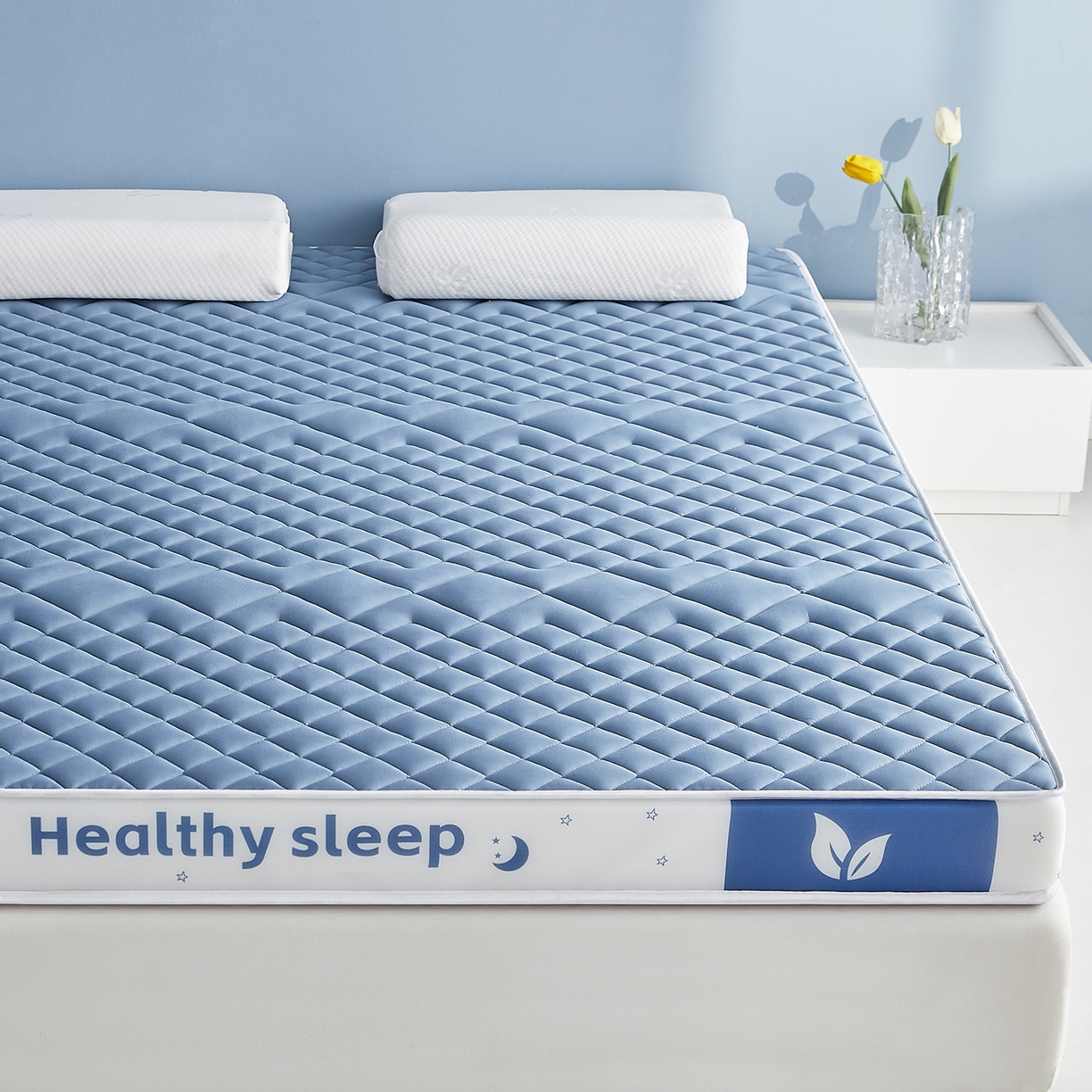 91家纺网 家纺一手货源 找家纺 月茶家纺 2026新款立体三色菱格乳胶海绵床垫 蓝色9cm