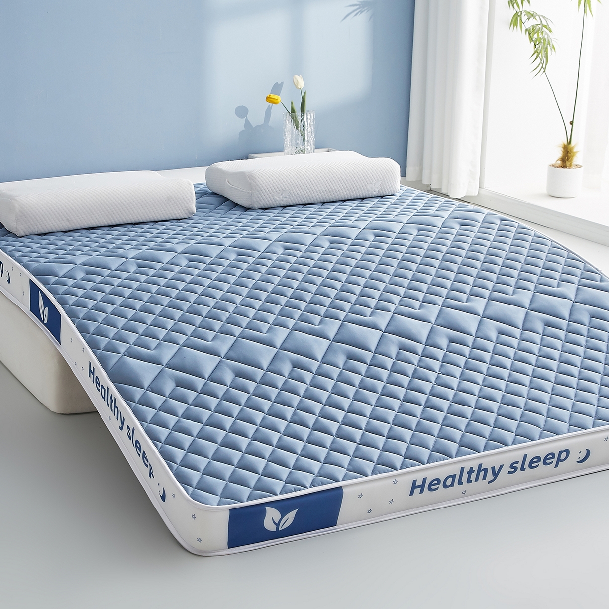 91家纺网 家纺一手货源 找家纺 月茶家纺 2026新款立体三色菱格乳胶海绵床垫 蓝色6cm