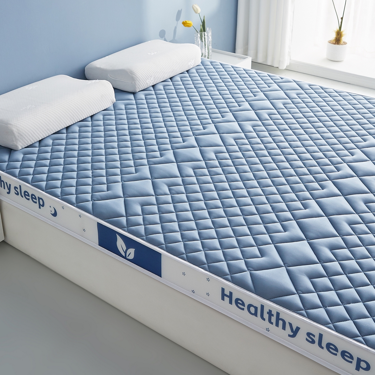 91家纺网 家纺一手货源 找家纺 月茶家纺 2026新款立体三色菱格乳胶海绵床垫 蓝色6cm