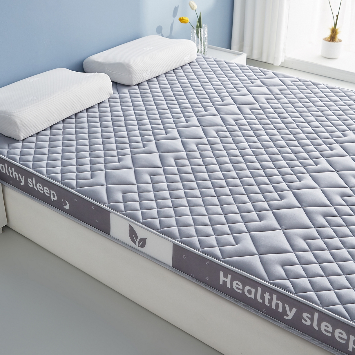 91家纺网 家纺一手货源 找家纺 月茶家纺 2026新款立体三色菱格乳胶海绵床垫 灰色6cm