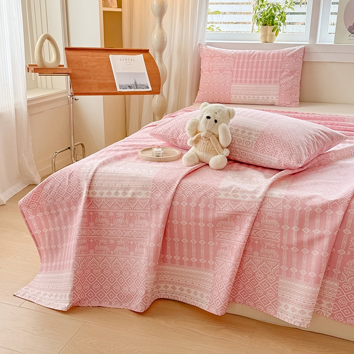 91家纺网 家纺一手货源 找家纺 爱彼家纺 2026新款全棉华夫格如意吉祥老粗布床单三件套 华夫格-吉祥-粉