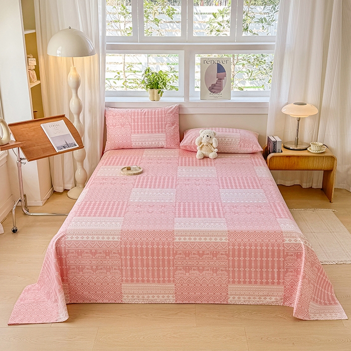 91家纺网 家纺一手货源 找家纺 爱彼家纺 2026新款全棉华夫格如意吉祥老粗布床单三件套 华夫格-吉祥-粉