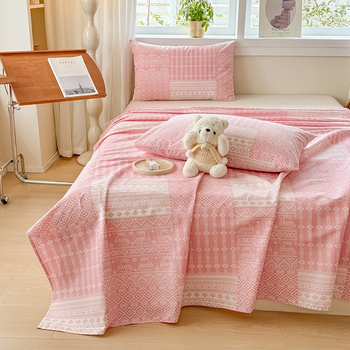 91家纺网 家纺一手货源 找家纺 爱彼家纺 2026新款全棉华夫格如意吉祥老粗布床单三件套 华夫格-吉祥-粉