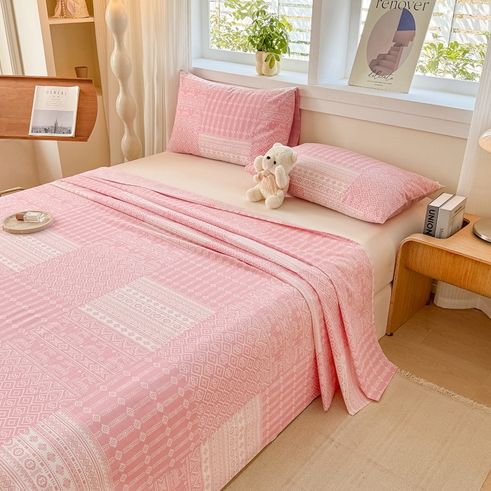 91家纺网 家纺一手货源 找家纺 爱彼家纺 2026新款全棉华夫格如意吉祥老粗布床单三件套 华夫格-吉祥-粉