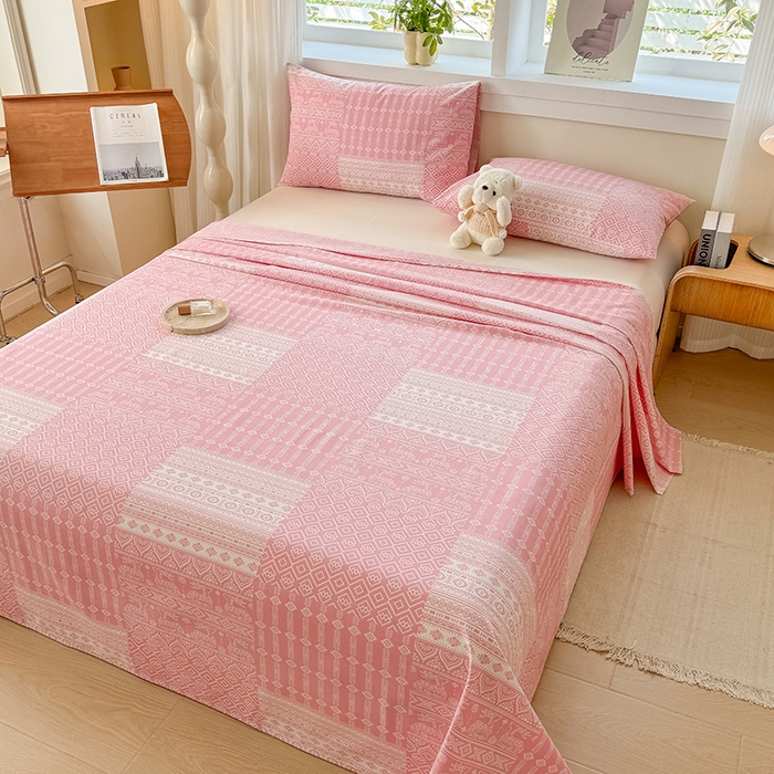 91家纺网 家纺一手货源 找家纺 爱彼家纺 2026新款全棉华夫格如意吉祥老粗布床单三件套 华夫格-吉祥-粉