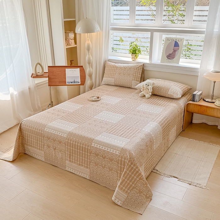 91家纺网 家纺一手货源 找家纺 爱彼家纺 2026新款全棉华夫格如意吉祥老粗布床单三件套 华夫格-如意-棕