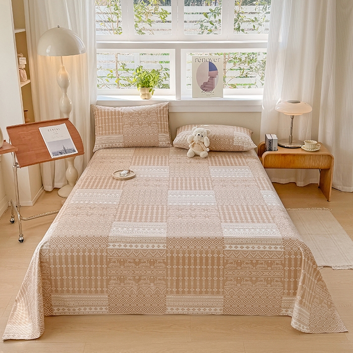 91家纺网 家纺一手货源 找家纺 爱彼家纺 2026新款全棉华夫格如意吉祥老粗布床单三件套 华夫格-如意-棕