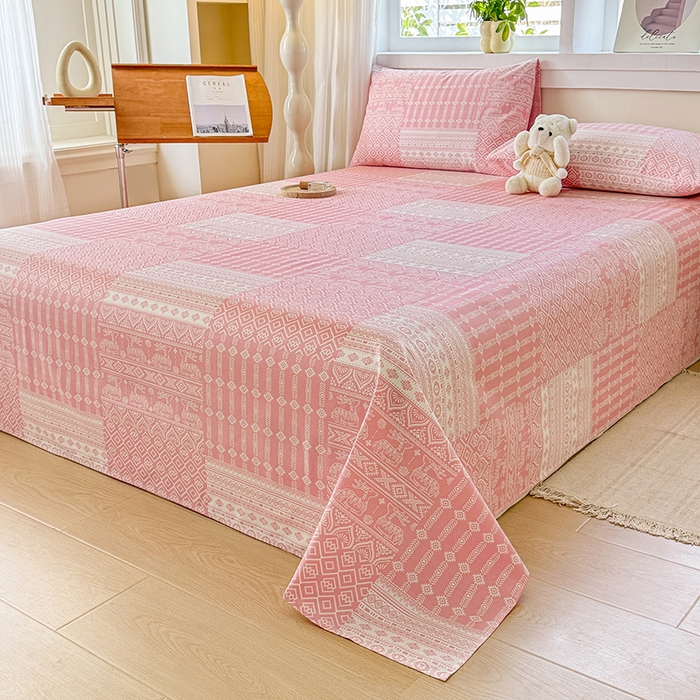 91家纺网 家纺一手货源 找家纺 爱彼家纺 2026新款全棉华夫格如意吉祥老粗布床单三件套 华夫格-吉祥-粉