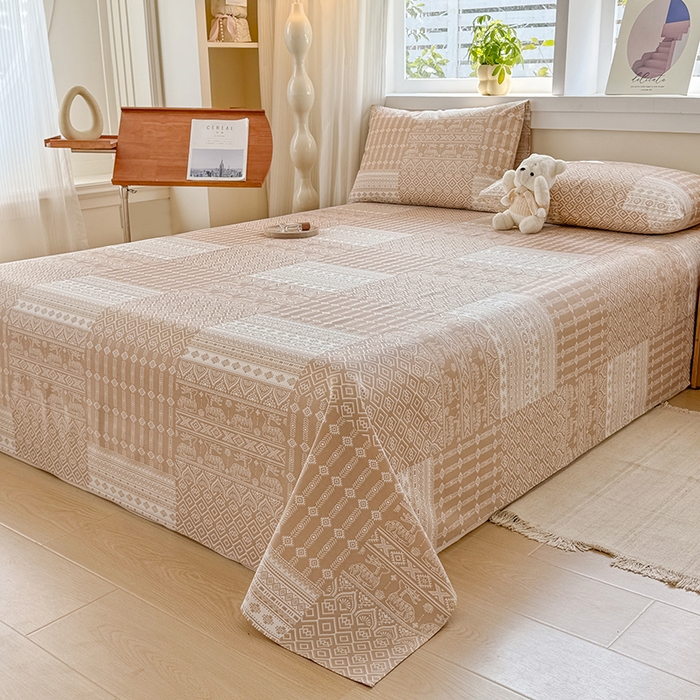 91家纺网 家纺一手货源 找家纺 爱彼家纺 2026新款全棉华夫格如意吉祥老粗布床单三件套 华夫格-如意-棕